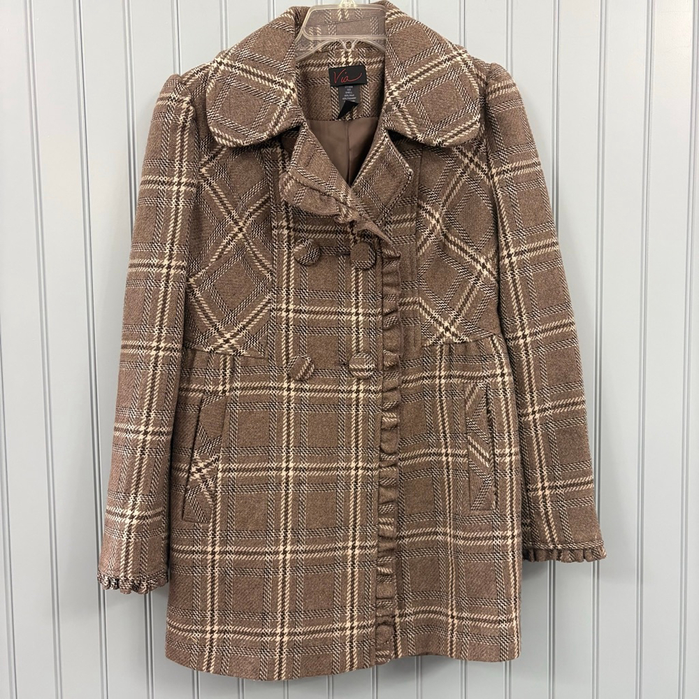 Via Women’s Wool BlendCoat Brown Cream Black Size 6